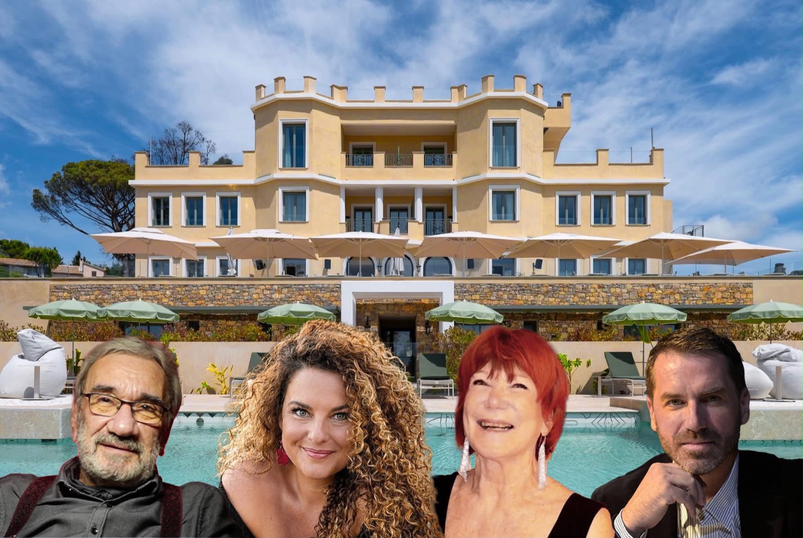 Les DJ de La Parisiana d'Azur : Tano, Lilly, Annie et Jan, devant le Château Rose